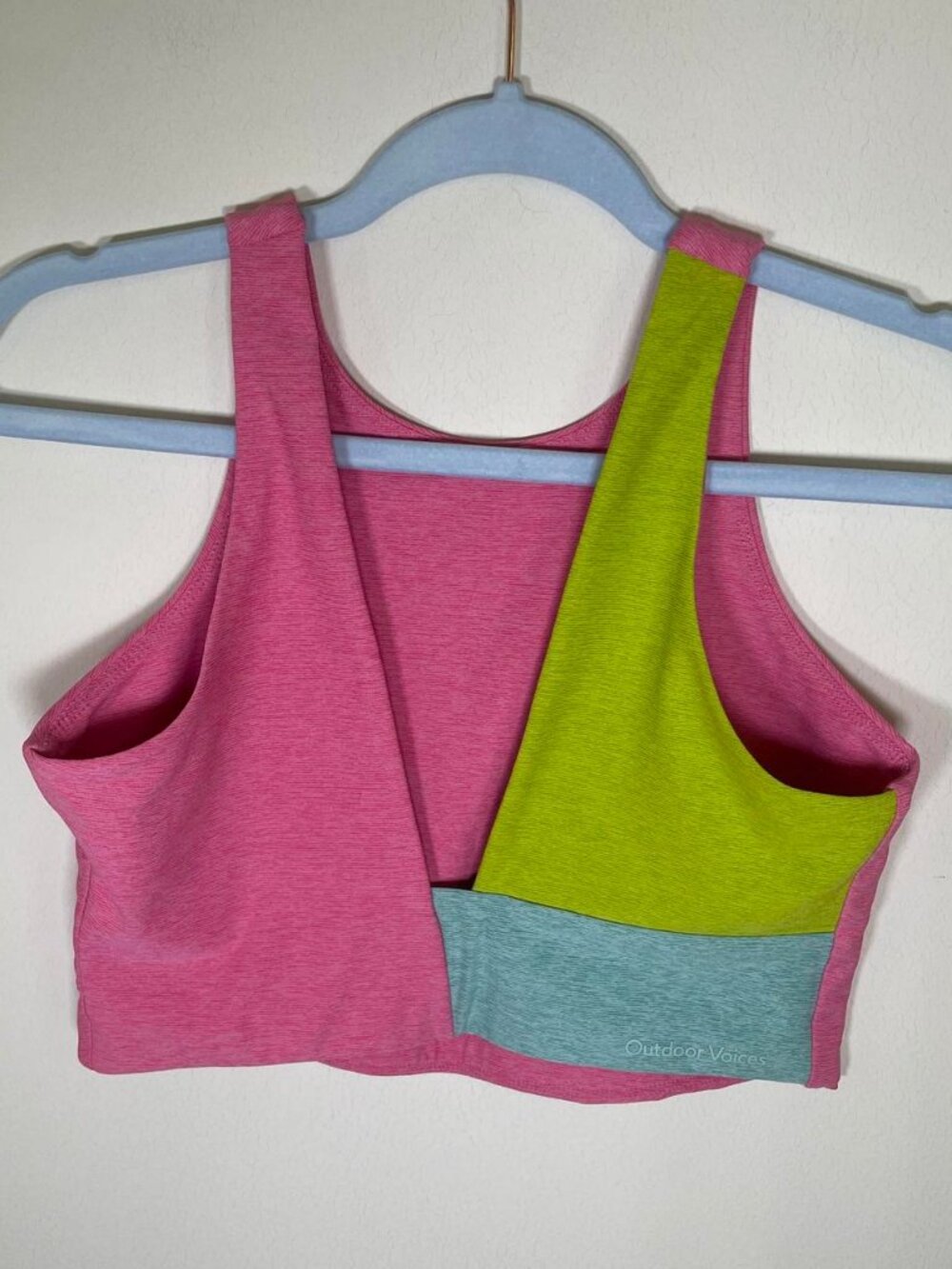 Outdoor Voices Venus Color Block Crop Top Sports Bra in Pink Green and Seafoam